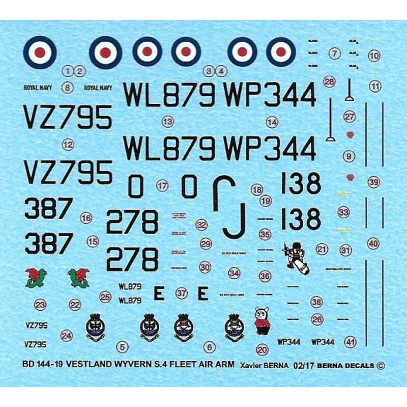 Decalcomania Westland Wyvern S.4: N8734 - 278-813 NAS HMS Aquila 1958, N8734 - 138-827 NAS HMS Aquila 1955, N8734 - 387-831 NAS 