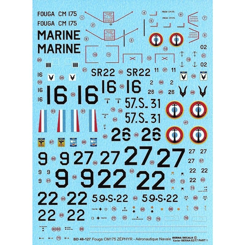 Decalcomania FOUGA CM-175 ZÉPHIR francese Aeronavale: SR22 - CEPA 1959 57.S.31 - 57S 1960, N8734 - 26 - 59S 1960, 59.S.22 - 59S 