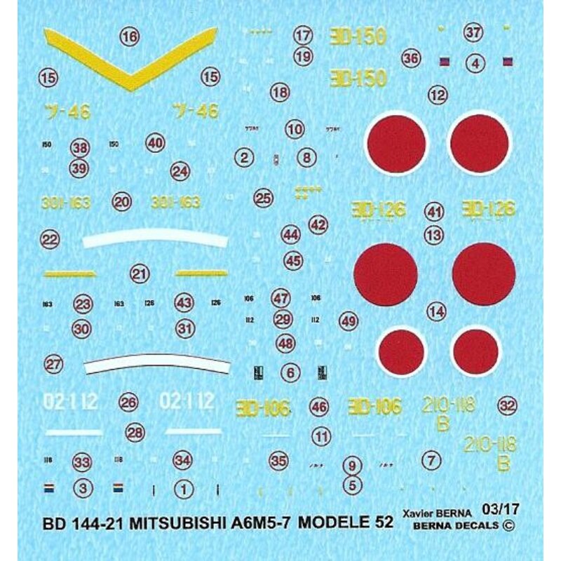 Decalcomania Mitsubishi ZERO A6M5-7 Modello 52-63: Oita (J-46) 1945, Morioka (ED-106) 1945, 201 Kokutai (02-112) 25/10/1944, Aka