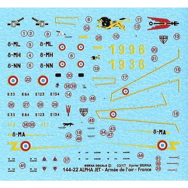 Decalcomania Dassault Alpha Jet 8-MA (regime speciale 60 anni), 8-ML, 8-MH, 8-NN (4 schemi)