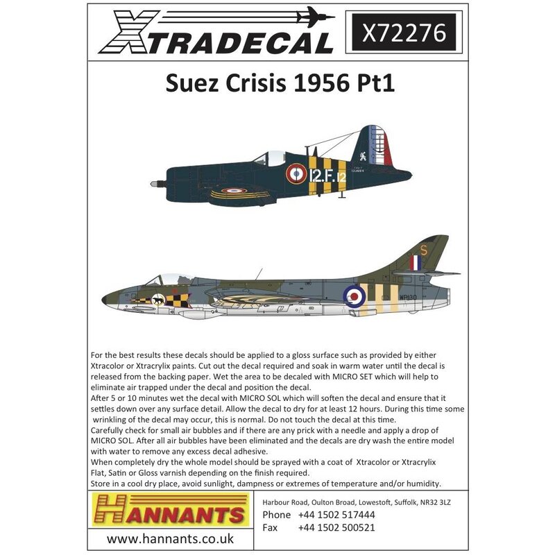 Decalcomania Suez Campaign 1956 (8)Hawker Hunter F.5 WP130/S 34 Sqn RAF Nicosia; Grumman Avenger TBM-3W 9.F15/'15' Aeronautique 