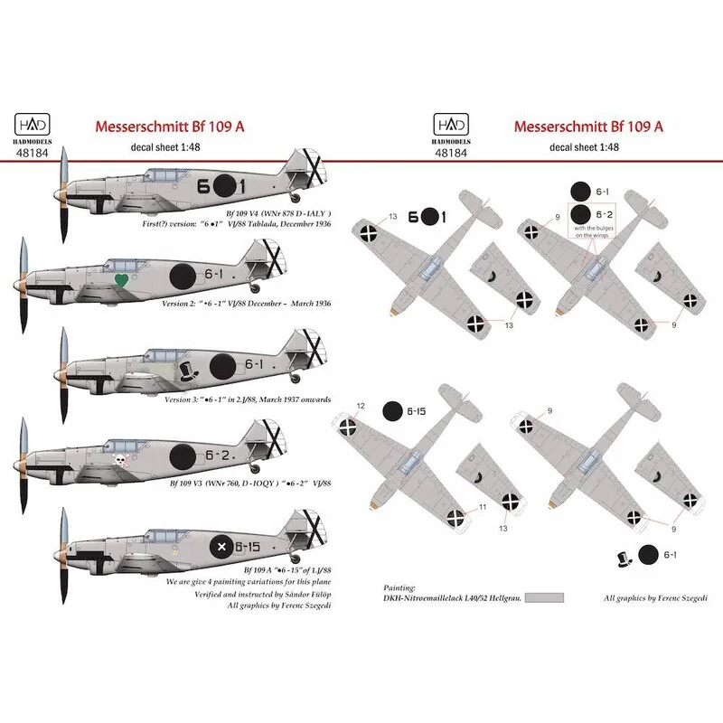 Decalcomania Messerschmitt Bf-109A (V3 6.1, .6-1, .6-2, .6, -15)