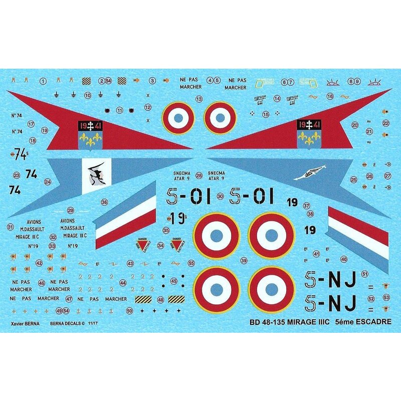 Decalcomania Dassault Mirage IIIC 5eme Escadre: 5-OI N∞19 - GC 2/5 'Ile-de-France' - BA 115 Orange-Caritat 1973, 5-NJ N∞74 - GC 