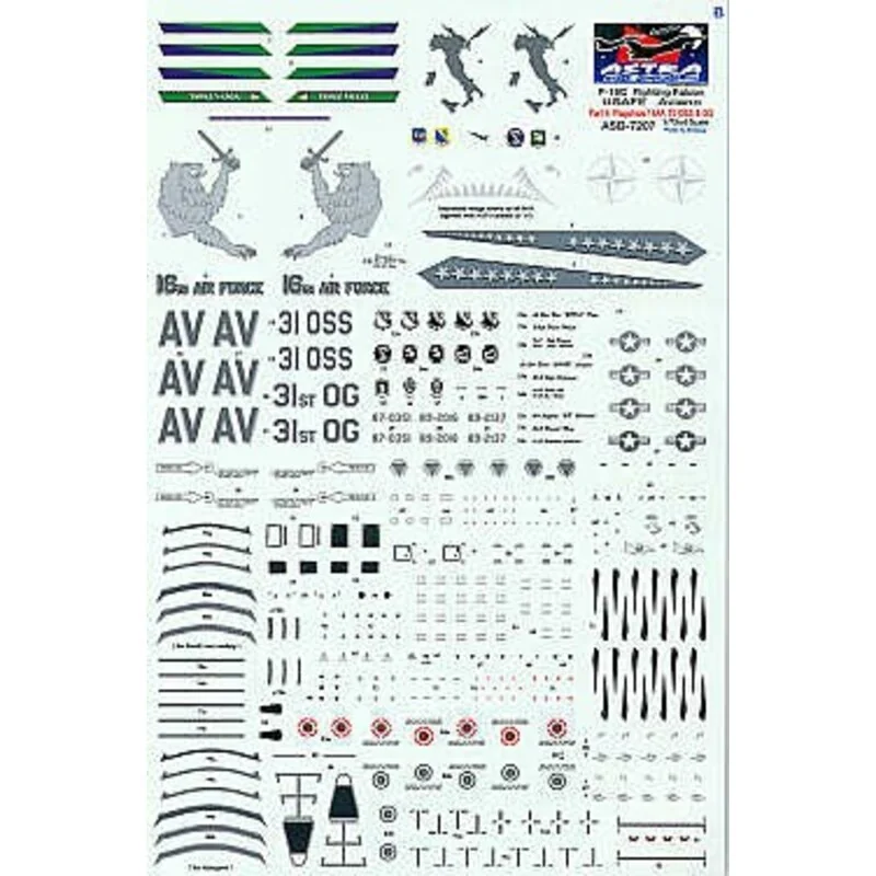 Decalcomania Lockheed Martin F-16C Aviano. 89-201616 Air Force 87-0351 31OSS 89-2137 31 OG Flagships. All May 2000