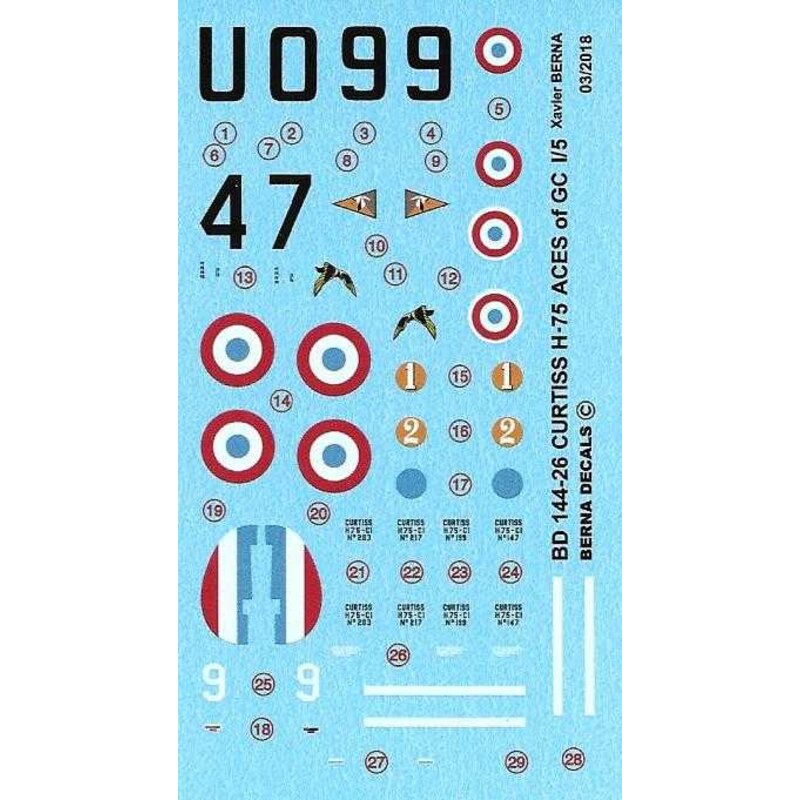 Decalcomania Curtiss H-75 (P-36) Assi di GC I / 5: S / C Fran