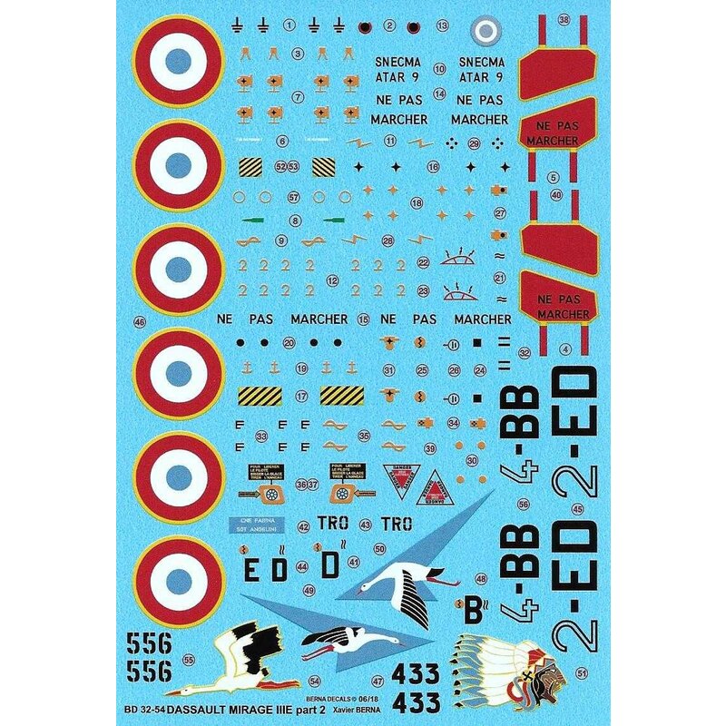 Decalcomania Dassault Mirage IIIE Armée de l'Air Part 2: 2-ED N∞433 - EC 1/2 'Cigognes' - BA 102 Dijon 1975, 4-BB N∞556 - EC 2/4
