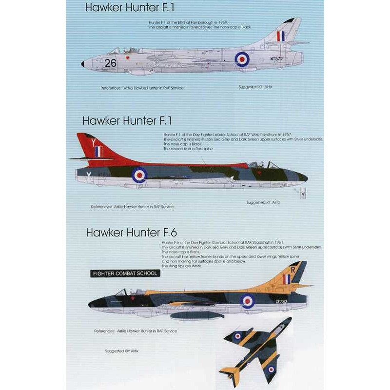 Decalcomania RAF Hawker Hunters Pt: 1 Hunter F.1 WT572 26 ETPS RAF Farnborough 1959 Hunter F.1 WT694 Y Giorno Fighter Leader S