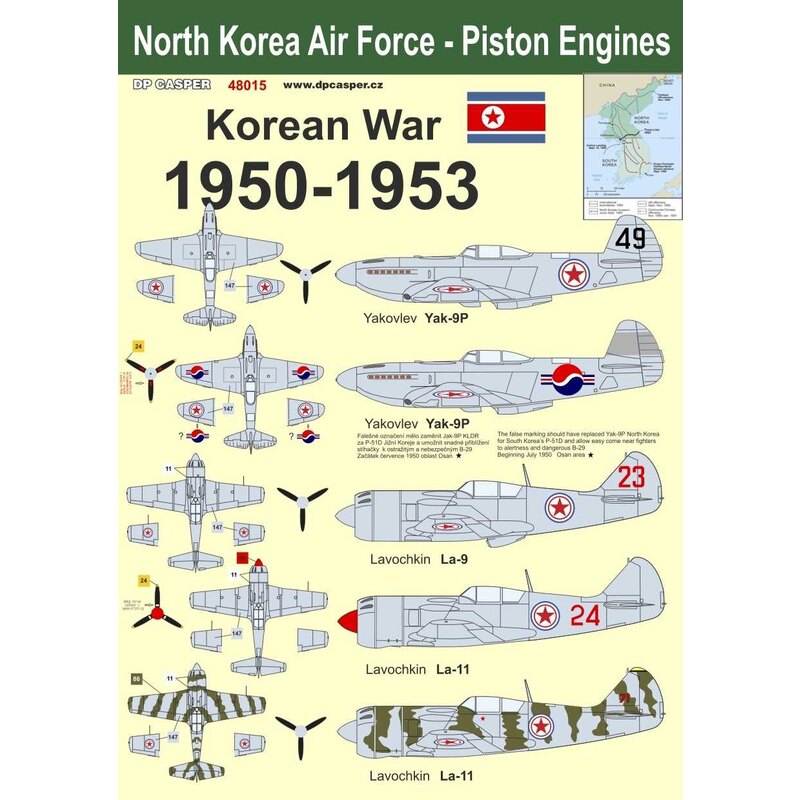 Decalcomania Aeronautica della Corea del Nord - Aerei a pistoni 1950 - 1953; Yakovlev Yak-9 / Yak-9P Yak-18 Polikarpov Po-2 L