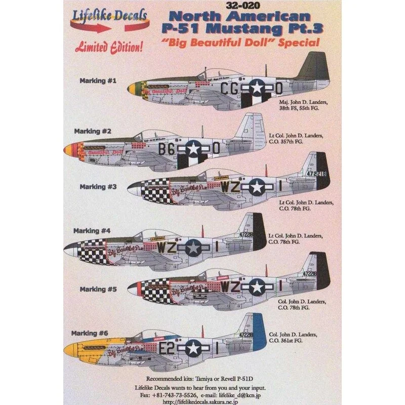 Decalcomania P-51B / P-51D nordamericano Mustang Parte 3 'Big Beautiful Doll' 6 schema speciale tutto pilotato da John D. Lander