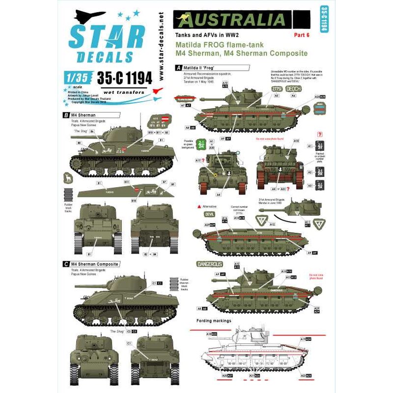 Australia Tanks & AFVs 6. Matilda FROG Flame Tank. 'Dangerous', 'Deoch', 'Devil' M4 Sherman 'The Stag'. M4 Sherman Composite 'Th