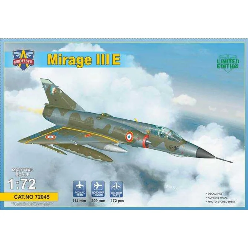 Il kit Dassault Mirage IIIE include: & bullet; 172 condivisioni & bullet; Foglio in PE / pannello strumenti integrato / bullet; 