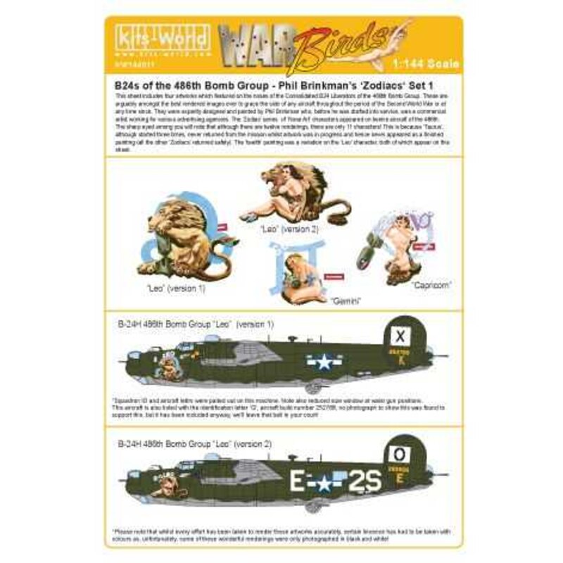 Decalcomania Consolidated B-24H Liberator Phil Brinkman's Zodiacs Leo, Leo (version 2), Gemini, Capricorn, 834thBS 486thBG 1/144