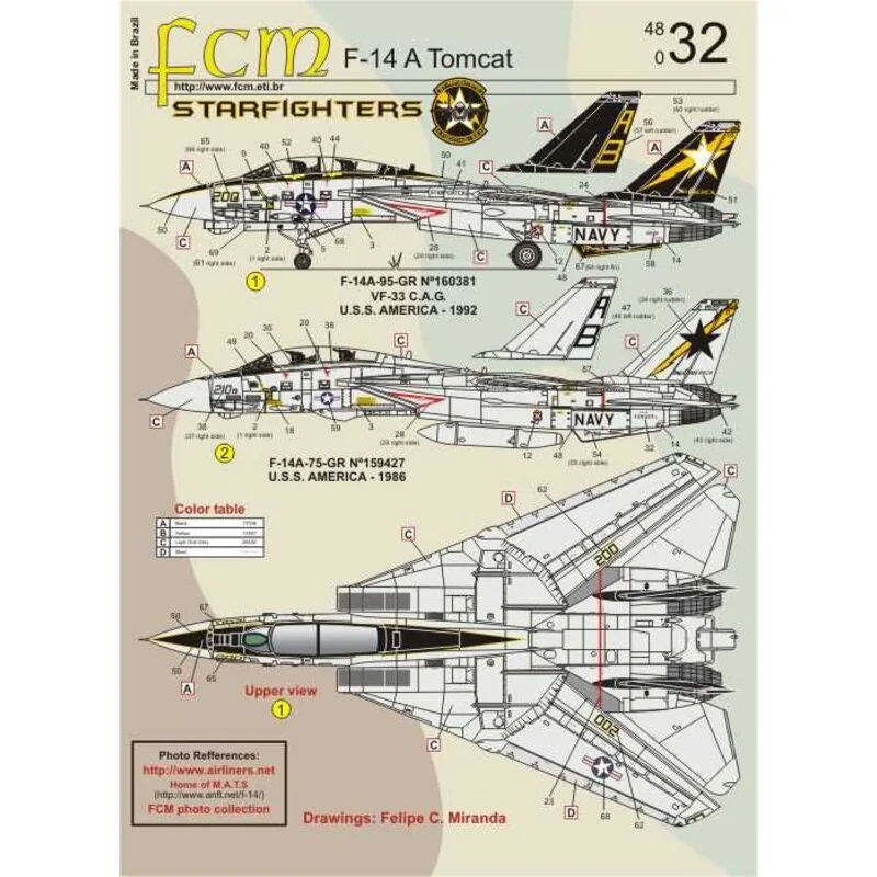 Decalcomania Ristampato! Grumman F-14A Tomcat (2) 160381 AB / 200 CAG Pignoni neri, contrassegni colorati 1992; 159429 AB / 203 