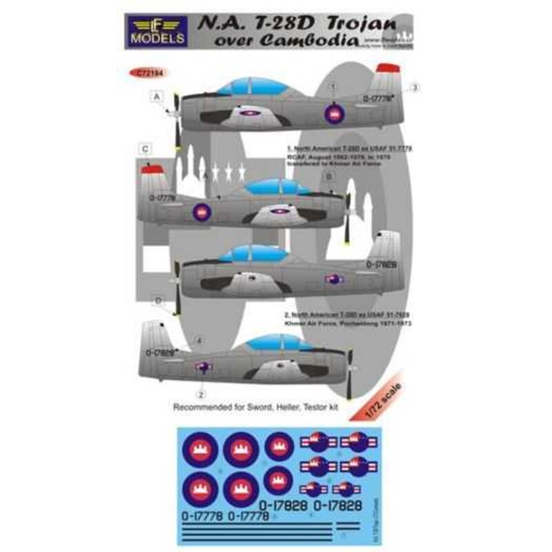 Decalcomania Nord-americano T-28D Trojan over Cambogia (progettato per essere utilizzato con i kit Spada, Heller e Testor)