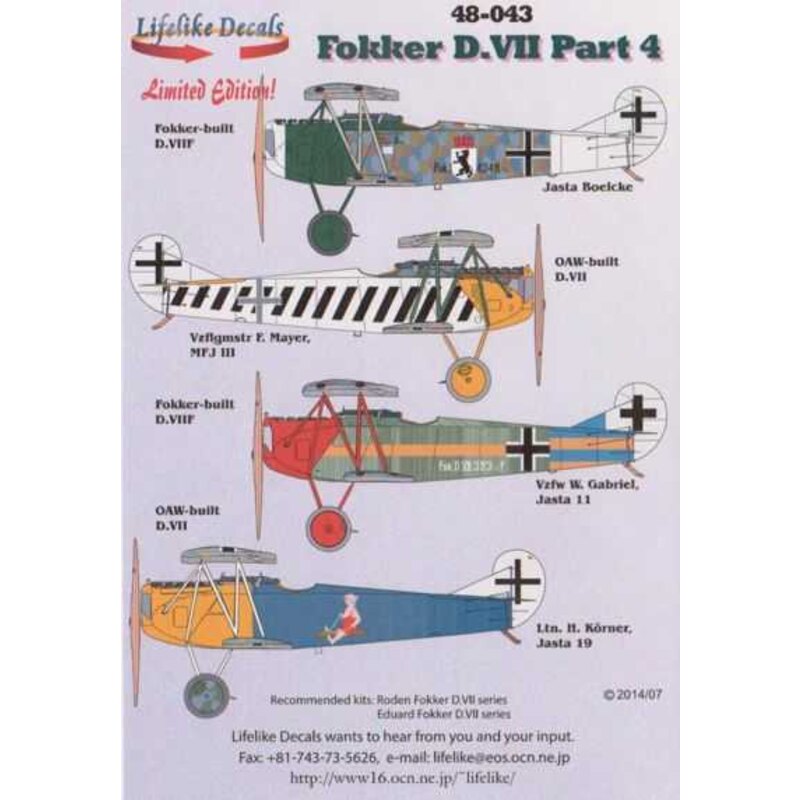 Decalcomania Fokker D.VII di. Fokker D. VIIF, 4348/18 di Jasta Boelcke novembre 1918.Fokker D.VII (OAW), 4499/18, pilotato da Vi