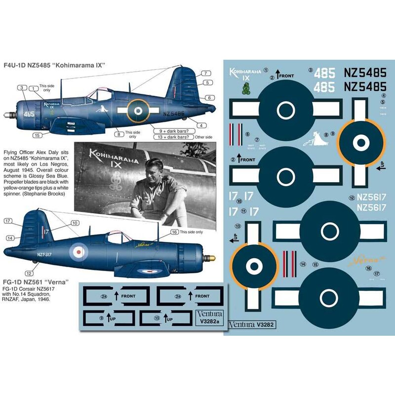 Decalcomania RNZAF Corsari scala 1/32 °. F4U-1D NZ5485 'Kohimarama IX' con Green Maori Tiki naso arte 1945 Teatro Pacifico e FG-