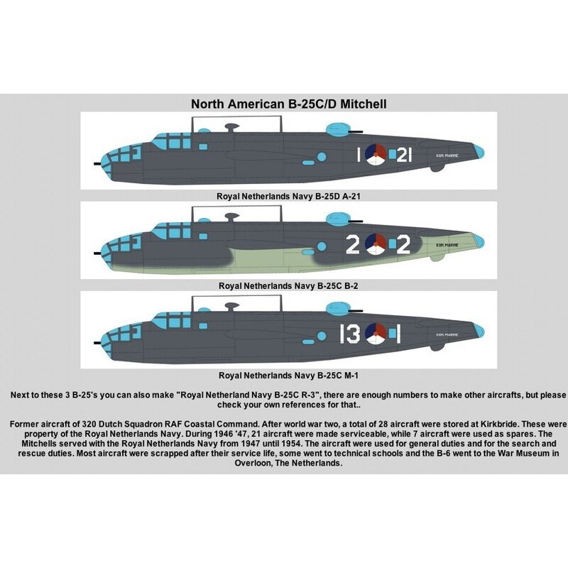 Decalcomania Royal Netherlands Navy Pt 1 (8) North American B-25D Mitchell 1-21 1-18 18-3 13-1 2-2 ex RAF 320 Dutch Squadron 194