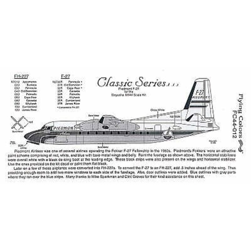 Decalcomania Fokker F-27 PIEDMONT AIRLINES 1960S N2700R etc