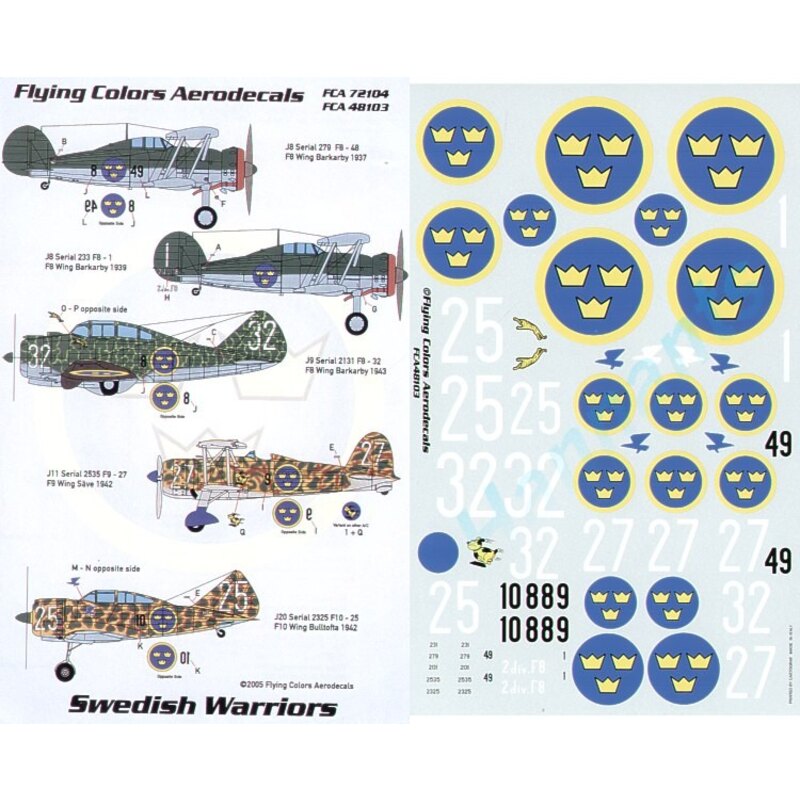 Decalcomania Swedish Air Force Fiat CR.42 F9-27 1942 Re.2000 F10-25 1942 both Italian style camouflage P-35A F8-32 Top Olive gre