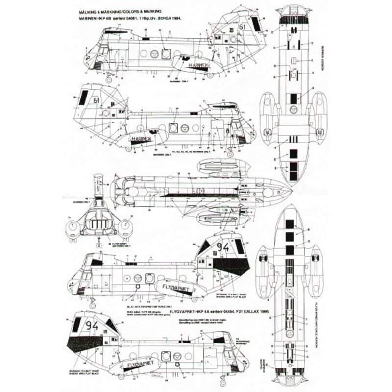 Decalcomania Vertol 107-H (2) Marinen Yellow 61 1984 4 colour camouflage schemes Flygvapnet Yellow 94 F21 1986 overall olive gre