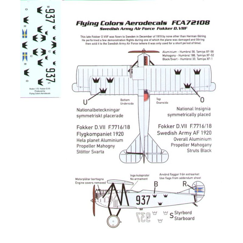 Decalcomania Fokker D.VIIIF No 937 Swedish Army Air Force