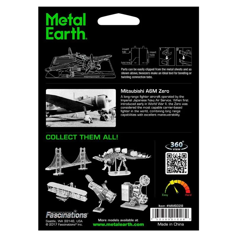 MetalEarth Aviation: MITSUBISHI ZERO 12.5x10x2cm, modello in metallo 3D con 1 foglio, su carta 12x17cm, 14+