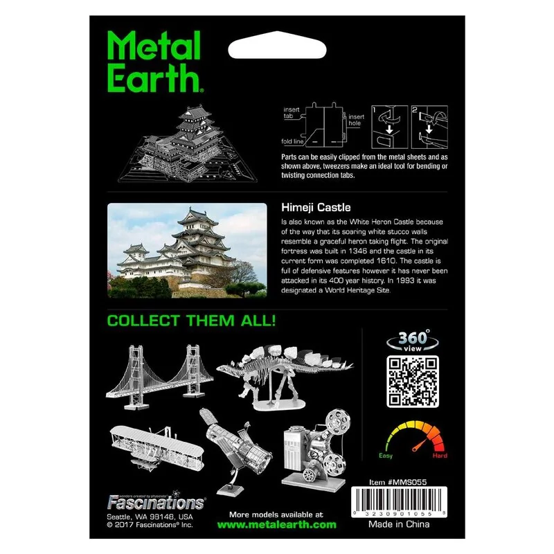 Architettura di MetalEarth: HIMEJI CASTLE 7.2x6.9x6cm, modello 3D in metallo con 3 fogli, su carta 12x17cm, 14+