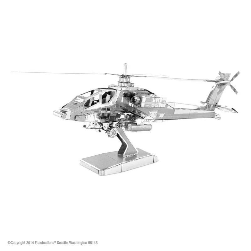 MetalEarth Aviation: AH-64 APACHE 12.2x12.2x5.5cm, modello metallo 3D con 2 fogli, su carta 12x17cm, 14+