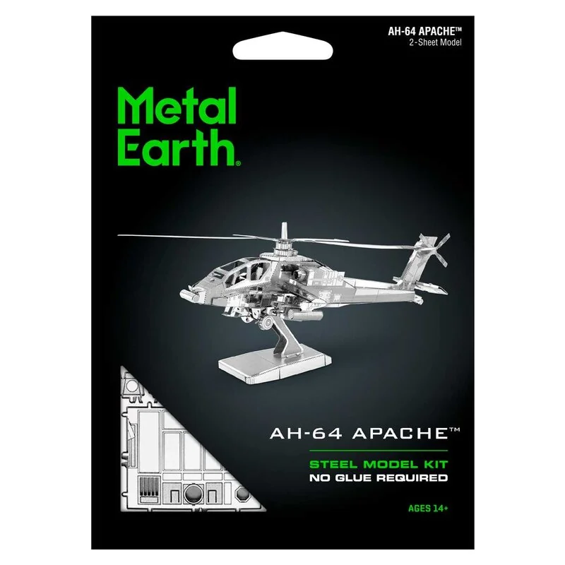 MetalEarth Aviation: AH-64 APACHE 12.2x12.2x5.5cm, modello metallo 3D con 2 fogli, su carta 12x17cm, 14+