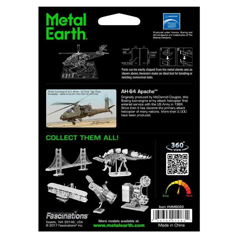 MetalEarth Aviation: AH-64 APACHE 12.2x12.2x5.5cm, modello metallo 3D con 2 fogli, su carta 12x17cm, 14+