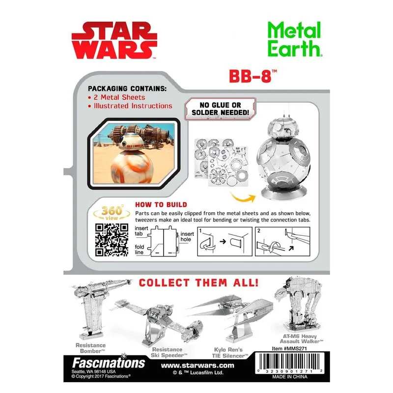 MetalEarth: STAR WARS (EP7) BB8, modello metallico 3D con 2 fogli, su carta 12x17cm, 14+