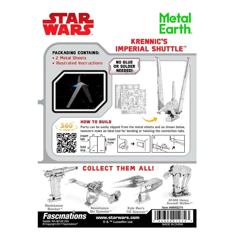 MetalEarth: STAR WARS (Rogue One) KRENNIC'S IMPERIAL SHUTTLE, modello 3D in metallo con 2 fogli, su carta 12x17cm, 14+