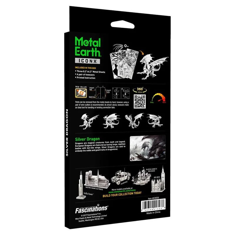 MetalEarth: ICONX - DRAGON argento, modello metallo 3D con 3 fogli, scatola 13,5x22x2cm, 14+