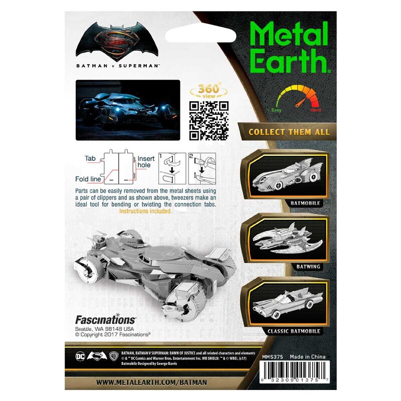 DA-5061375 MetalEarth: BATMAN vs SUPERMAN / BATMOBILE, modello in metallo 3D con 2 fogli, su carta 12x17cm, 14+