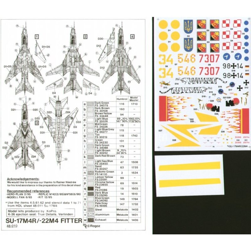 Decalcomania Sukhoi Su-17M/22 M4 Fitter K (4) Red 7307 6th FB Regt. Polish Air Force Yellow 34 827 Ind. reconnaissance Av. Regt.