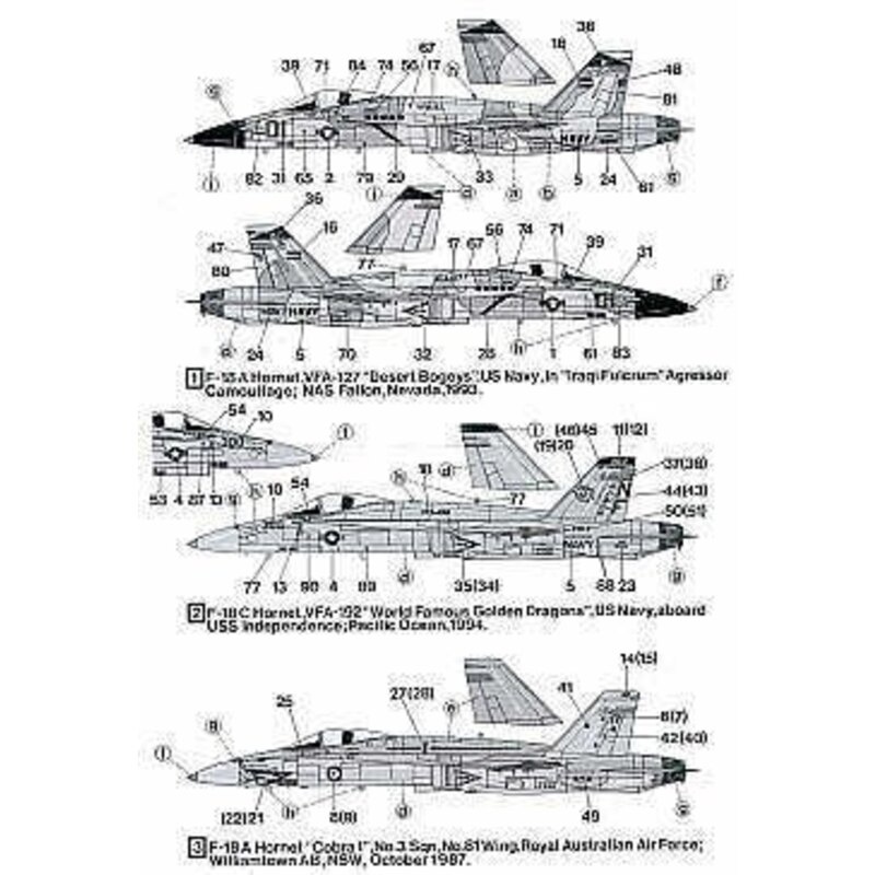 Decalcomania McDonnell Douglas F/A-18A Hornet McDonnell Douglas F/A-18C Hornet (3) USN 162415/Red 01 VFA-127 Sand Aggressor sche