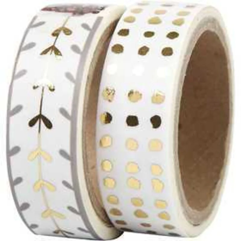 Washi Tape, l: 15 mm, bianco, oro, cuori e pois - lamina, 2x4m