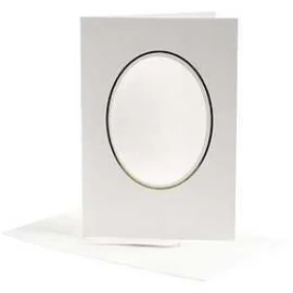 Biglietto con passepartout, dim. cartoncino 10,5x15 cm, dim. busta 11,5x16,5 cm, off-white, ovale con bordo dorato, 10set, misur