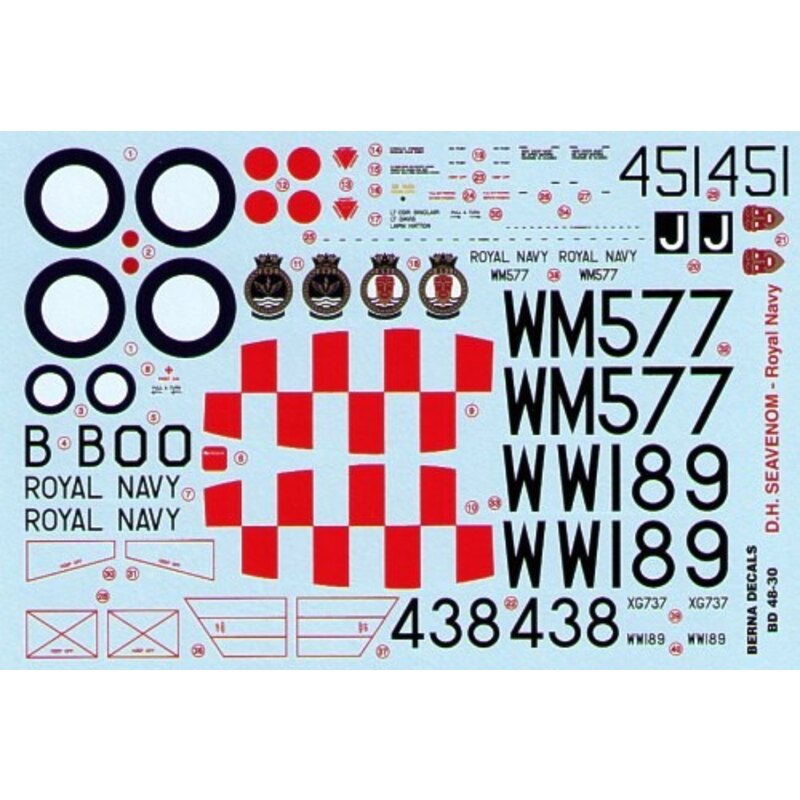 Decalcomania de Havilland Sea Venom FAW 21 (2)/FAW 22 (1) Royal Navy (3 total) WM577/O 891 NAS Ford 1955 WW189 451/J 892 NAS HMS