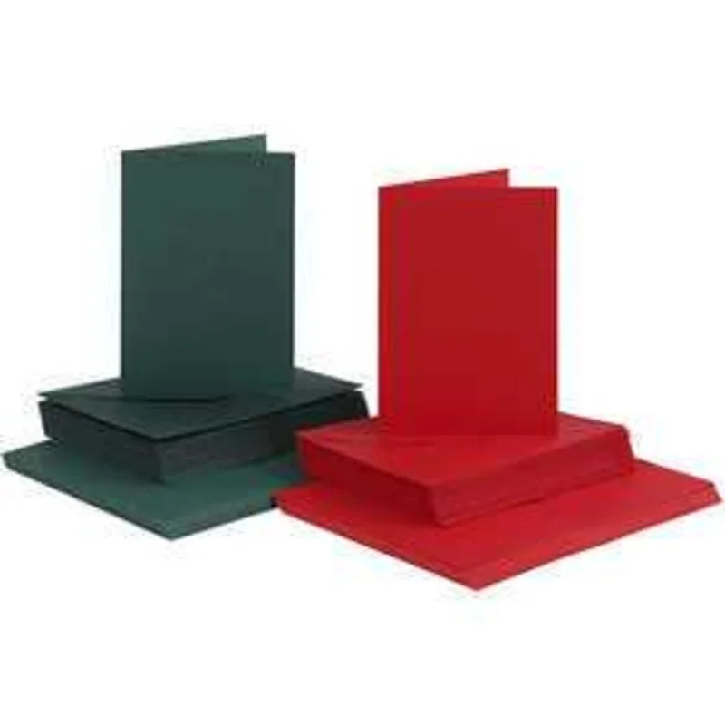 Biglietti e buste, dim. cartoncino 10,5x15 cm, dim. busta 11,5x16,5 cm, verde, rosso, 50set