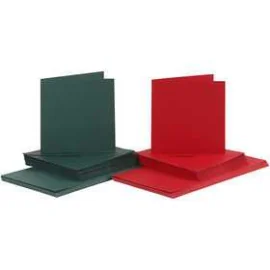 Biglietti e buste, dim. cartoncino 15x15 cm, dim. busta 16x16 cm, verde, rosso, 50set