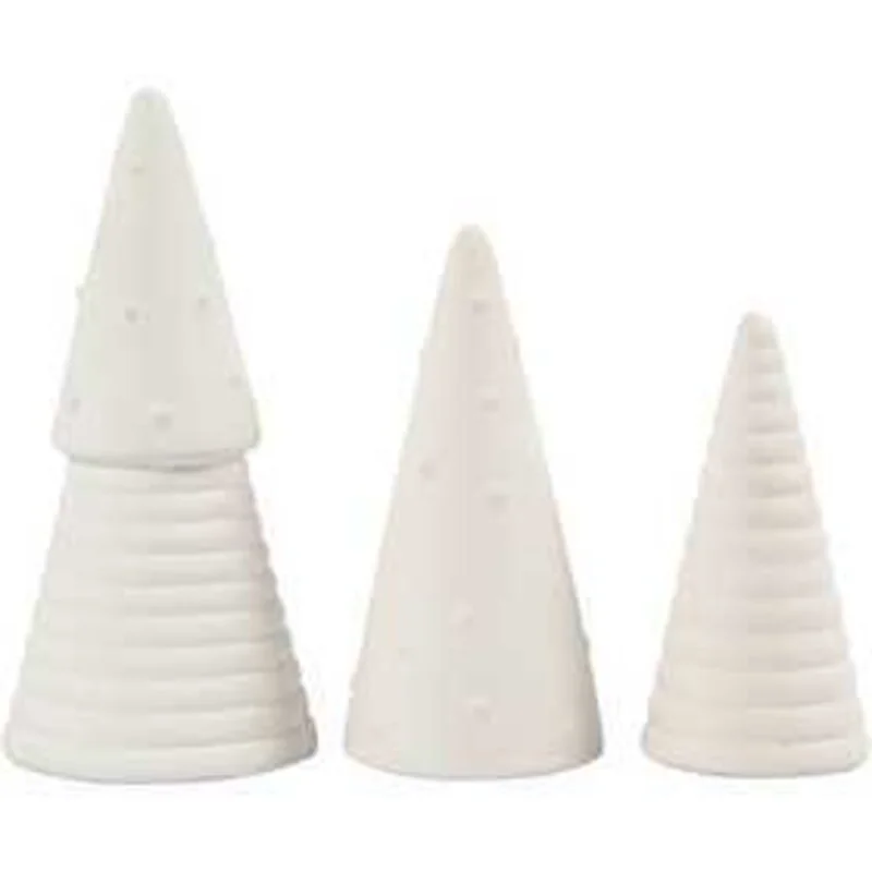 Alberi di Natale pendenti, H: 10+12+15 cm, diam: 5+6+7 cm, bianco, 3pz