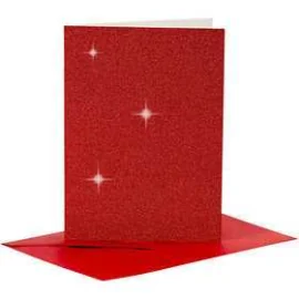 Biglietti e buste, dim. cartoncino 10,5x15 cm, dim. busta 11,5x16,5 cm, rosso, glitter, 4set