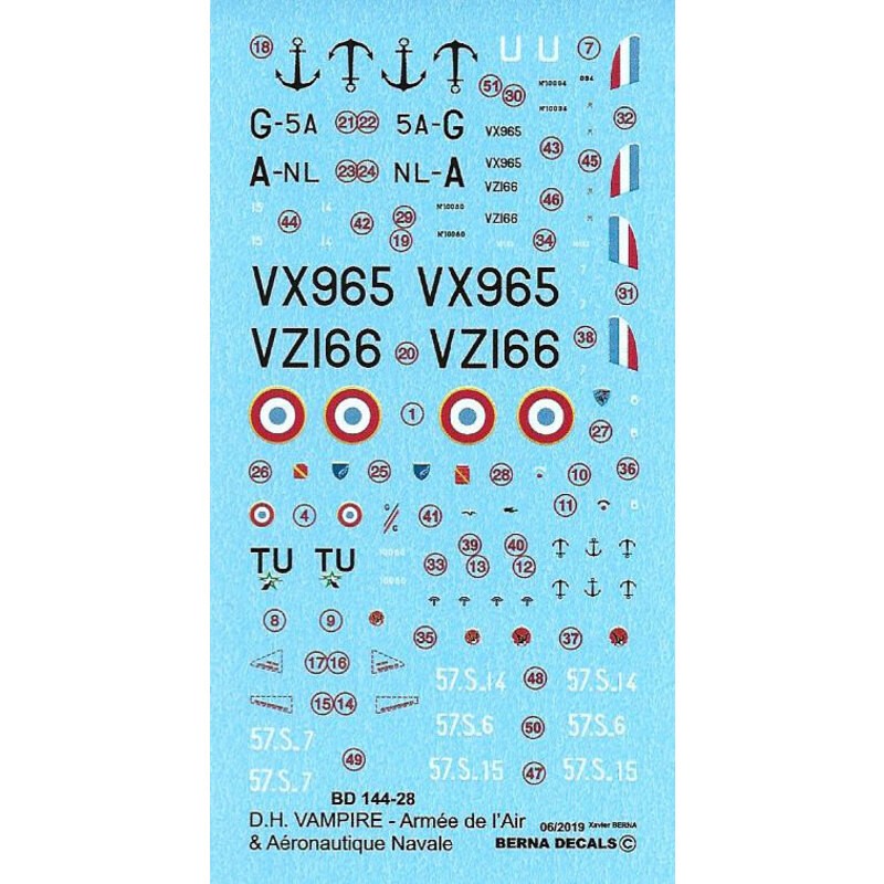 Decalcomania De Havilland Vampire Mk.5 Aeronavale & Armee de l'air: 57.S-6 Port Lyautey 1960;57.S-15, 57.S-7 e 57.S-14 Khourigba