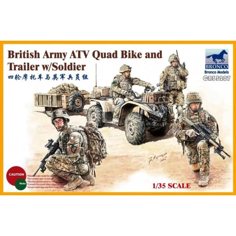 Quad dell'esercito britannico ATV e rimorchio con soldato