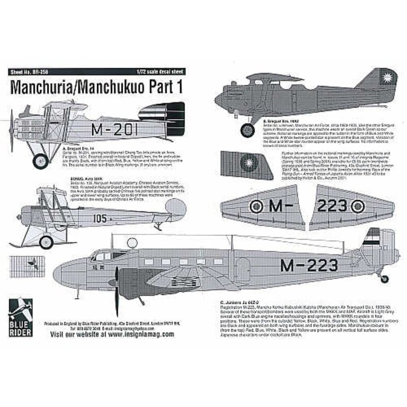 Decalcomania Manchurua/Manchukuo Part 1. (4) Breguet Bre 14 M-201 1931 Avro 504K No 105 1920 Breguet Bre 19A2 1930 Junkers Ju 86