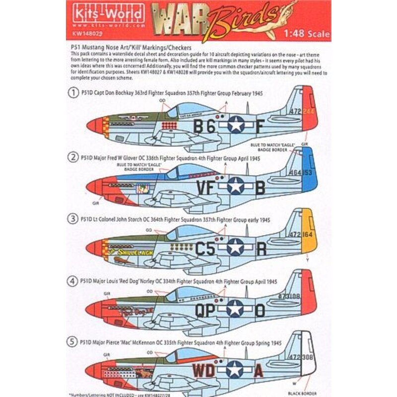 Decalcomania North American P-51D Mustang - Nose Art Selection -Red Dog XII Shillelagh Happy Jacks Go Buggy Heat Wave Ridge Runn