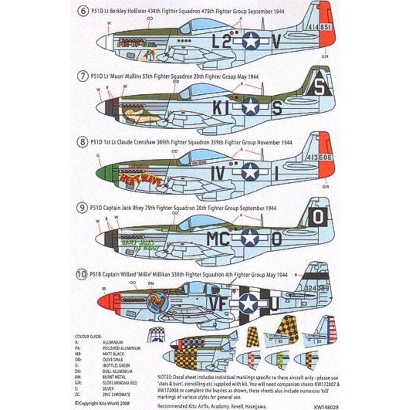 Decalcomania North American P-51D Mustang - Nose Art Selection -Red Dog XII Shillelagh Happy Jacks Go Buggy Heat Wave Ridge Runn