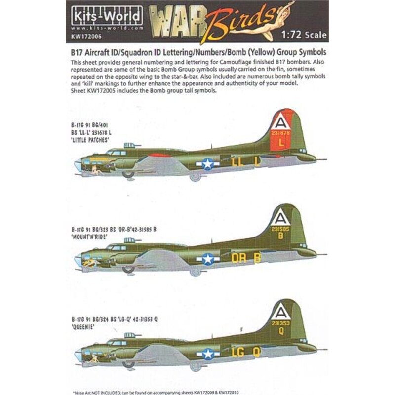 Decalcomania Boeing B-17F/Boeing B-17G Flying Fortress Aircraft ID/Squadron ID Lettering Yellow/Numbers Yellow/Bomb Group Symbol