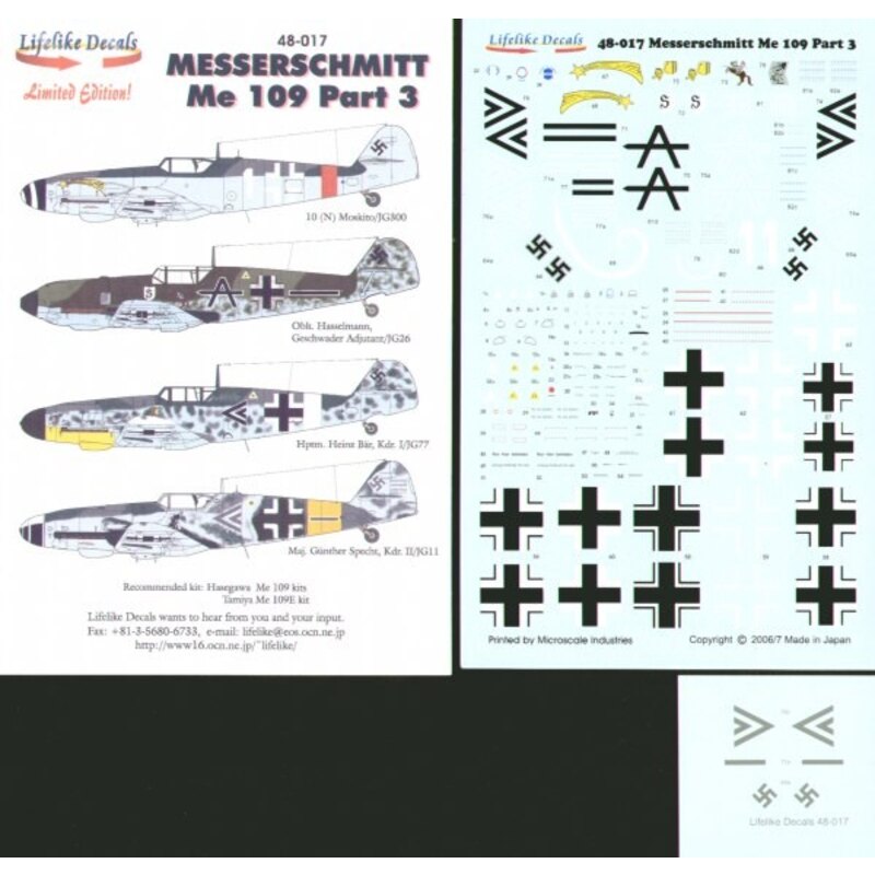 Decalcomania Messerschmitt Bf 109E/G Part 3. (4) E Black A+- Oblt Hesselmann JG/26 France 1940 RLM 02/71/65 G White 1 10(N) MosK